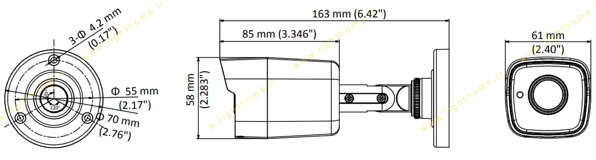 ابعاد بدنه دوربین مدار بسته HDTVI هایک ویژن DS-2CE16D8T-ITE