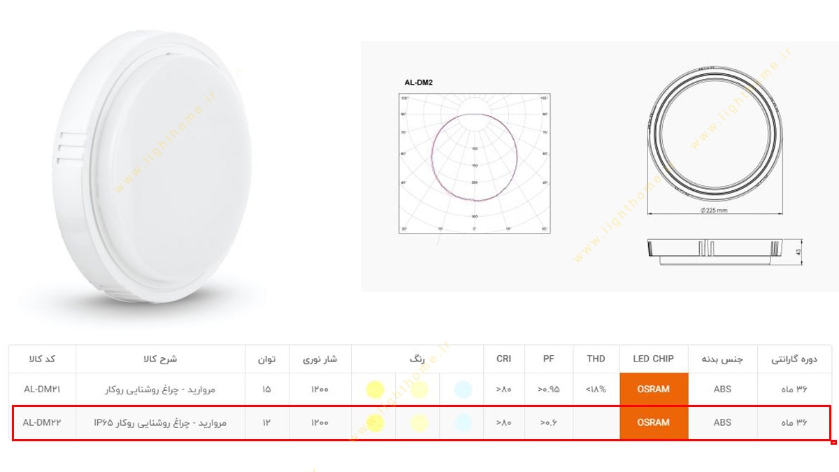 چراغ سقفی 12 وات LED آلتون رای مدل مروارید AL-DM22