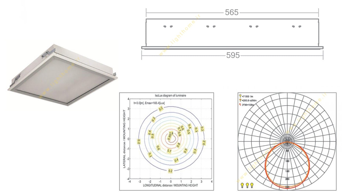 چراغ سقفی توکار 3x36 وات مهنام مدل ونوس با صفحه پریزماتیک شفاف TCL
