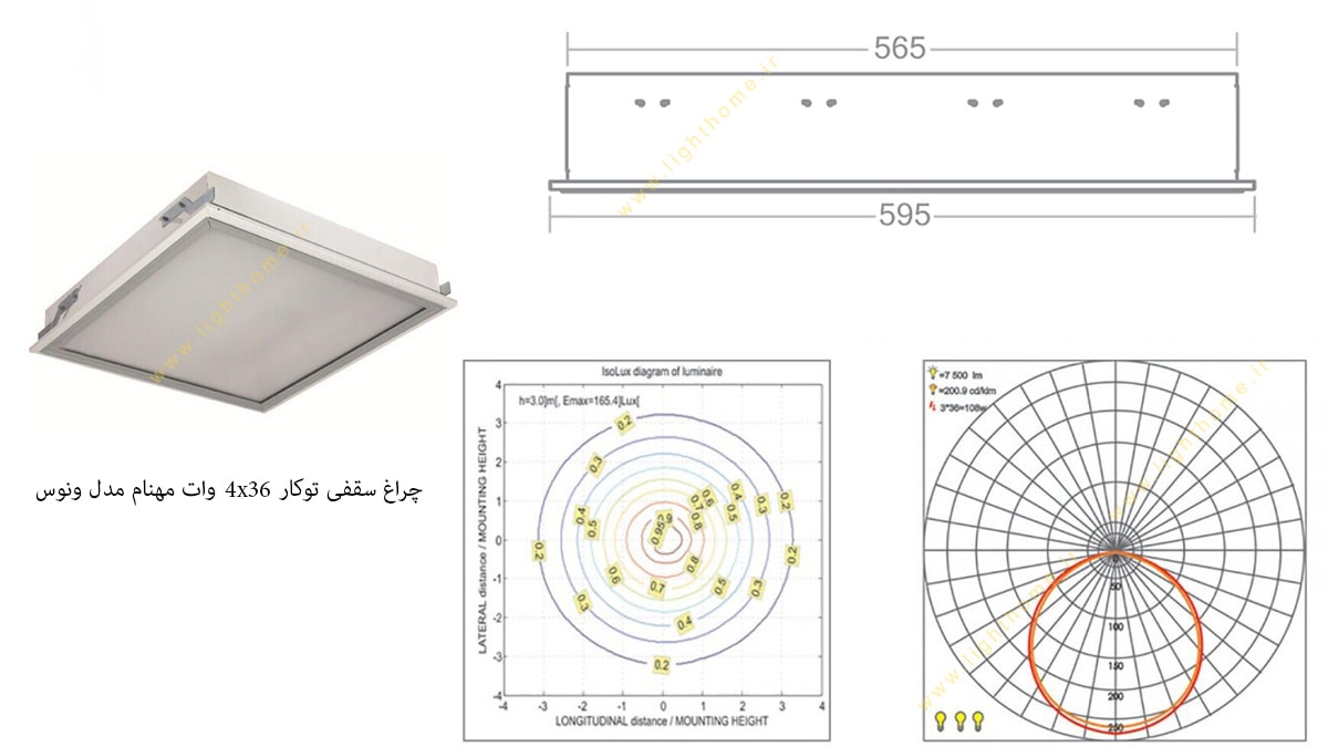 چراغ سقفی توکار 4x36 وات مهنام مدل ونوس با صفحه پریزماتیک شفاف TCL