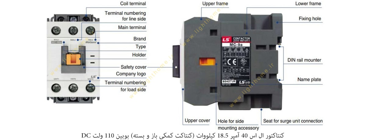 کنتاکتور ال اس 40 آمپر 18/5 کیلووات (کنتاکت کمکی باز و بسته) بوبین 110 ولت DC
