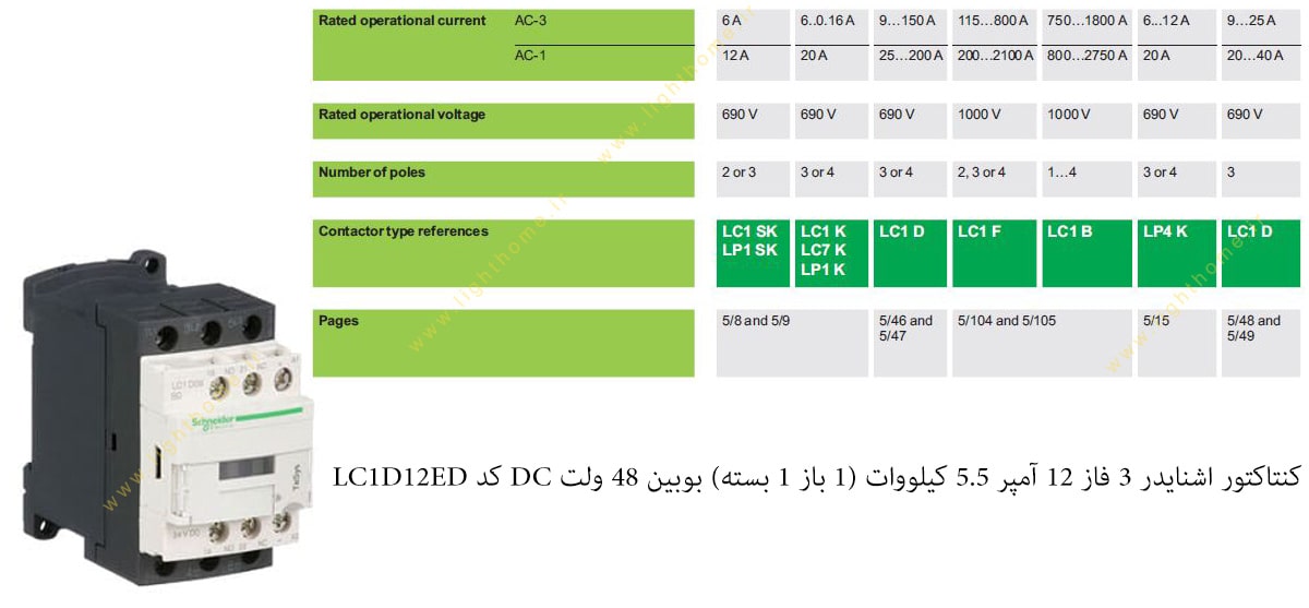 کنتاکتور اشنایدر 3 فاز 12 آمپر 5.5 کیلووات (1 باز 1 بسته) بوبین 48 ولت DC کد LC1D12ED