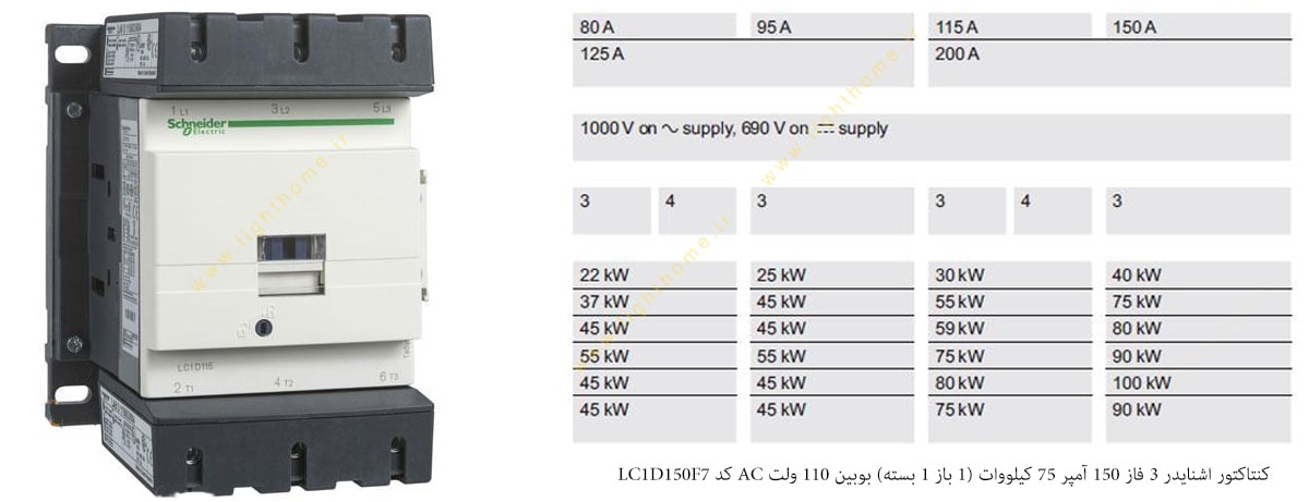 کنتاکتور اشنایدر 3 فاز 150 آمپر 75 کیلووات (1 باز 1 بسته) بوبین 110 ولت AC کد LC1D150F7