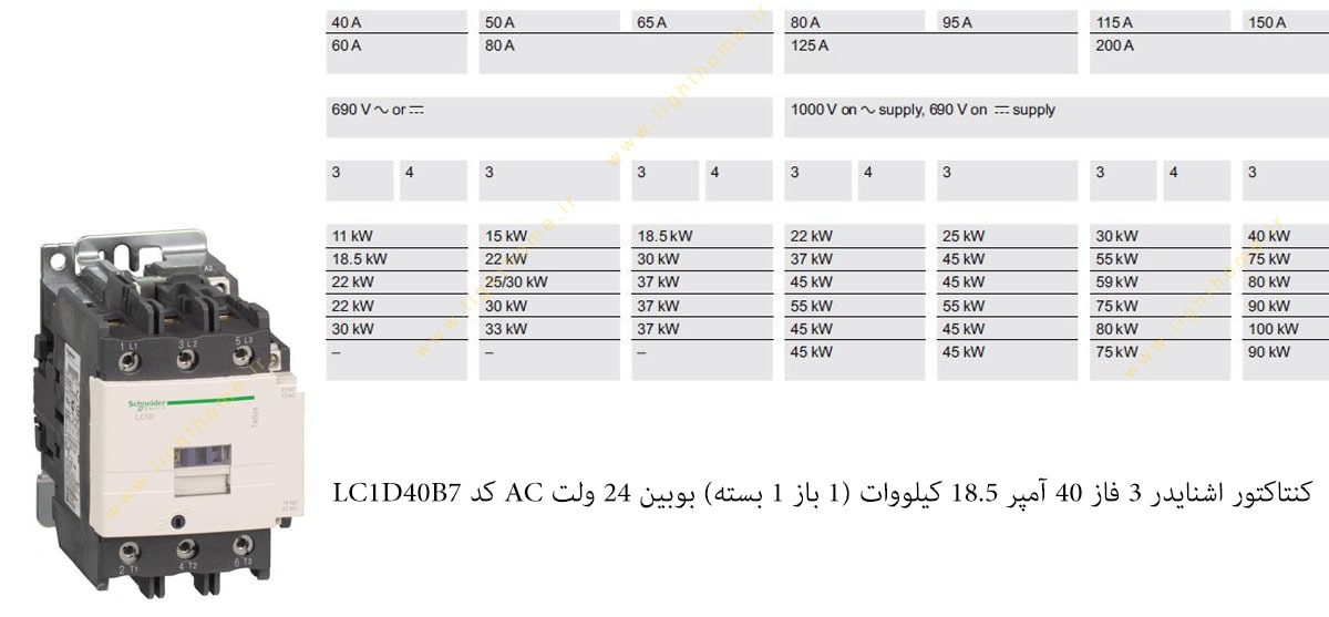 کنتاکتور اشنایدر 3 فاز 40 آمپر 18.5 کیلووات (1 باز 1 بسته) بوبین 24 ولت AC کد LC1D40B7