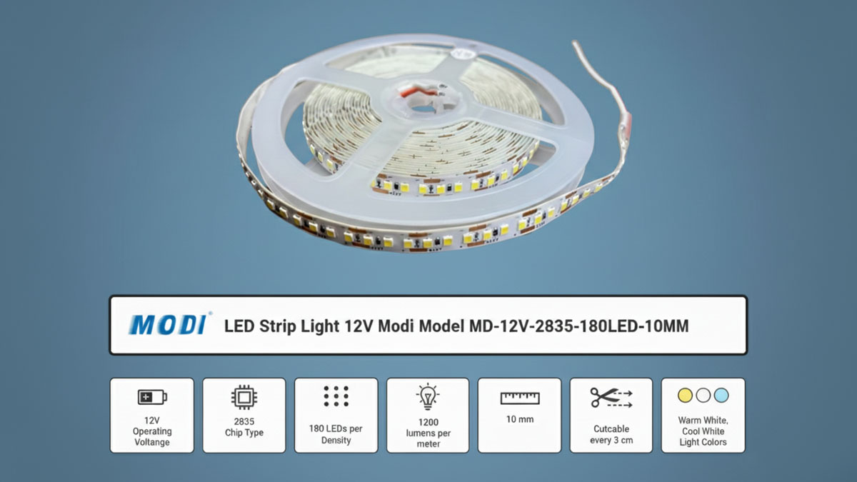 ریسه ال ای دی نواری 12 ولت مودی مدل MD-12V-2835-180LED-10MM