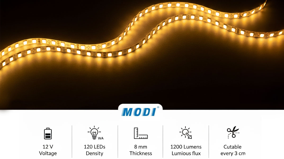 ریسه ال ای دی نواری 12 ولت مودی مدل MD-12V-2835-120LED-8MM