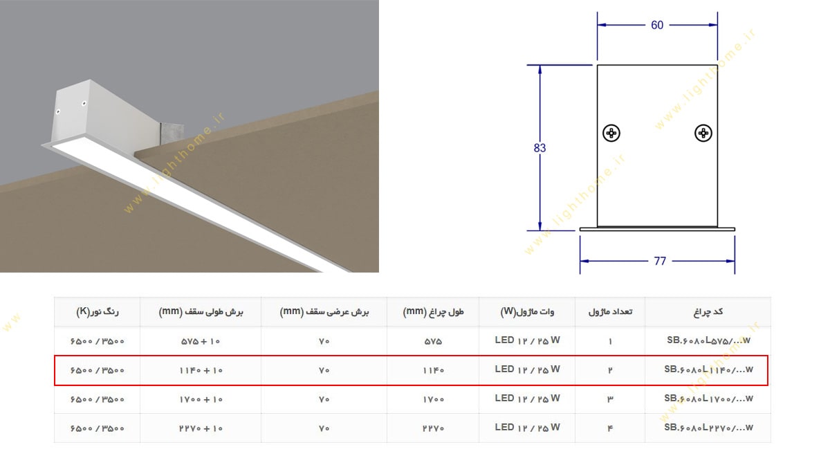 چراغ بیمارستانی خطی دو ماژول LED توکار 12/25 وات مهنام مدل سیلا SB6080L1140