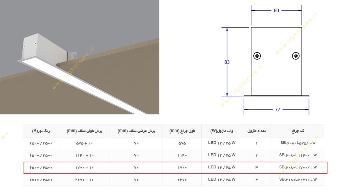 چراغ بیمارستانی خطی سه ماژول LED توکار 12/25 وات مهنام مدل سیلا SB6080L1700