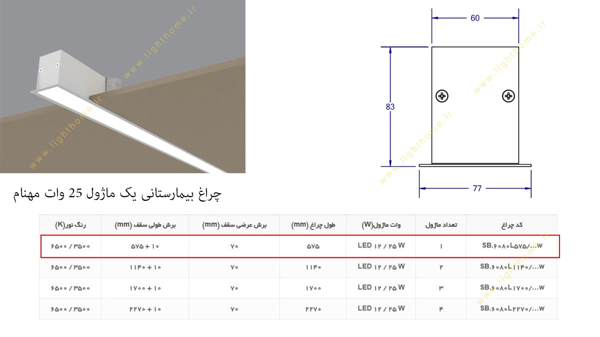 چراغ بیمارستانی خطی یک ماژول LED توکار 25 وات مهنام مدل سیلا SB6080L575