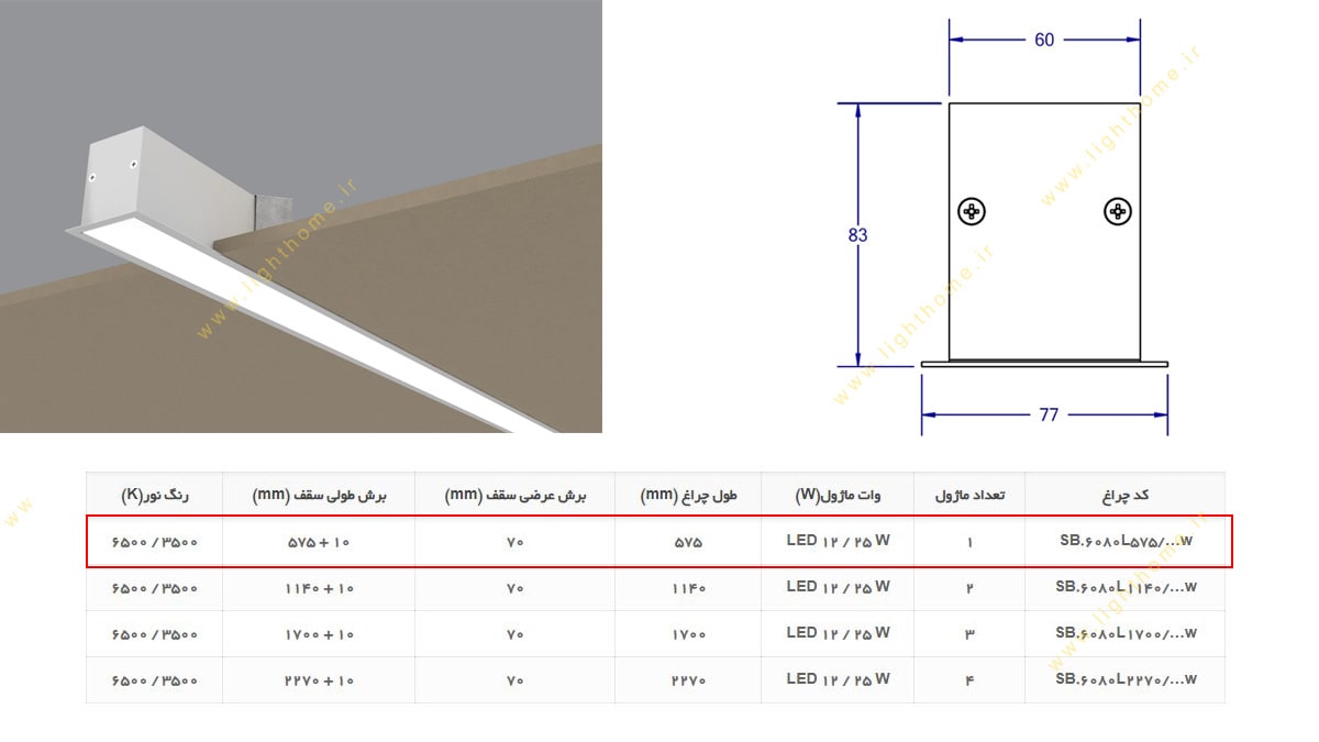 چراغ بیمارستانی خطی یک ماژول LED توکار 12/25 وات مهنام مدل سیلا SB6080L575