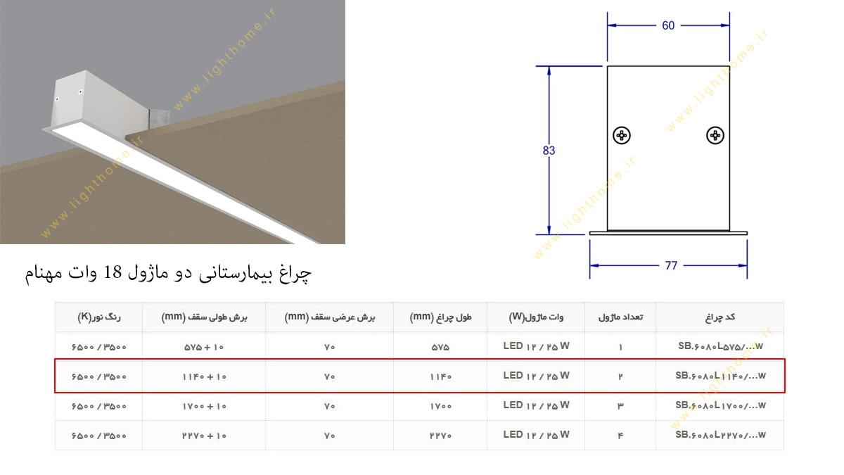 چراغ بیمارستانی خطی دو ماژول LED توکار 18 وات مهنام مدل سیلا SB6080L1140