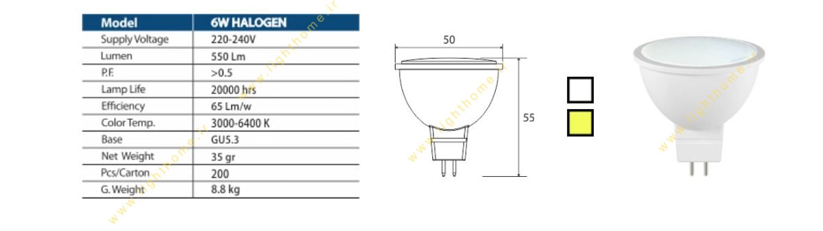 لامپ هالوژنی ال ای ی 6  وات پایه سوزنی بالاستیران