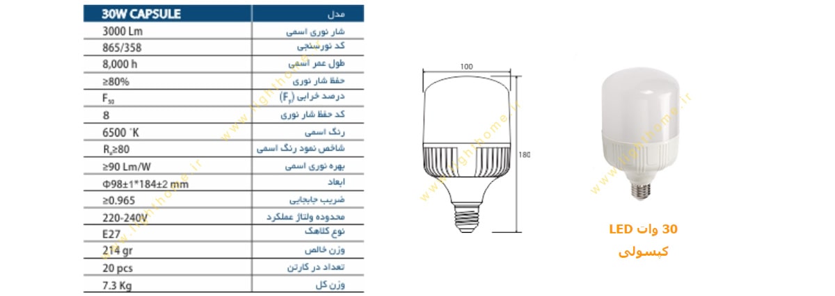 لامپ ال ای دی کپسولی 30 وات بالاستیران