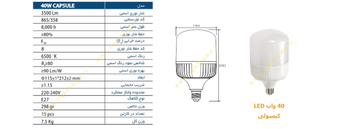 لامپ ال ای دی کپسولی 40 وات بالاستیران