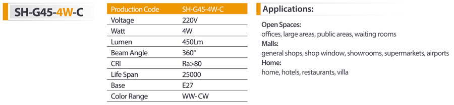 لامپ فیلامنتی حبابی شعاع مدل sh-g45-4w-c