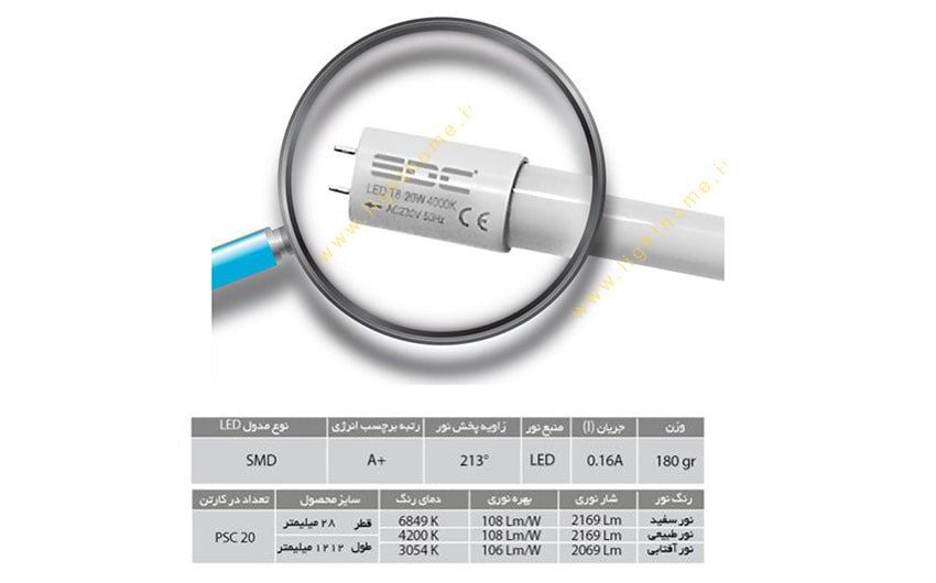 لامپ فلورسنت 20 وات T8 ال ای دی EDC