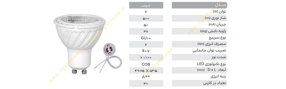 لامپ هالوژنی 6 وات ال ای دی COB پارس شهاب پایه استارتی (GU10)