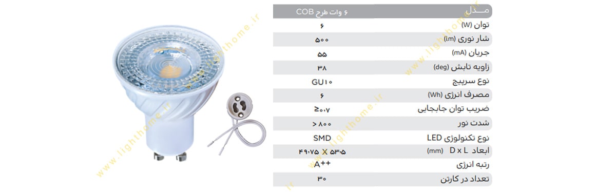 لامپ هالوژنی 6 وات ال ای دی SMD پارس شهاب پایه استارتی (GU10)