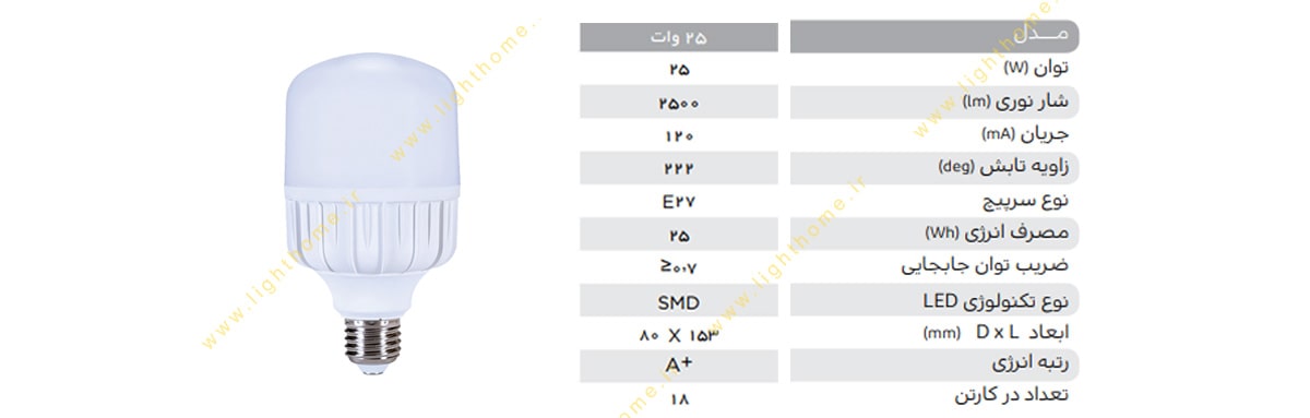 لامپ ال ای دی استوانه ای شکل 25 وات پارس شهاب