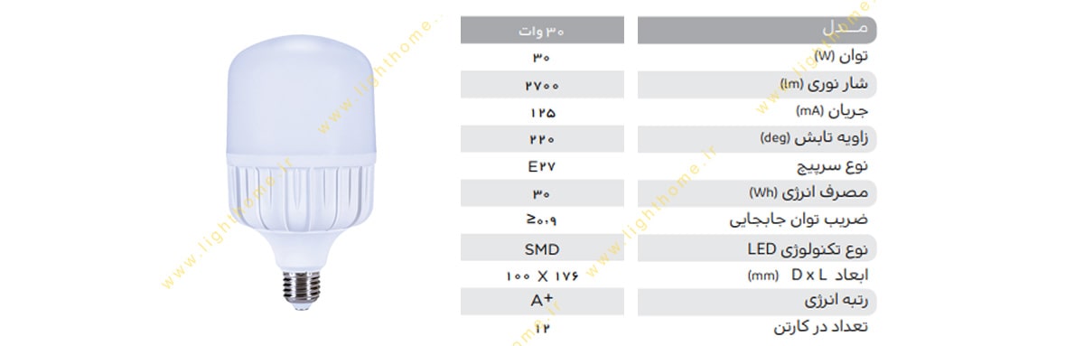 لامپ ال ای دی استوانه ای شکل 30 وات پارس شهاب