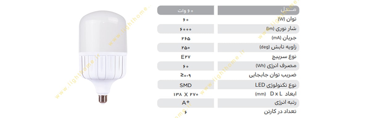 لامپ ال ای دی استوانه ای شکل 60 وات پارس شهاب