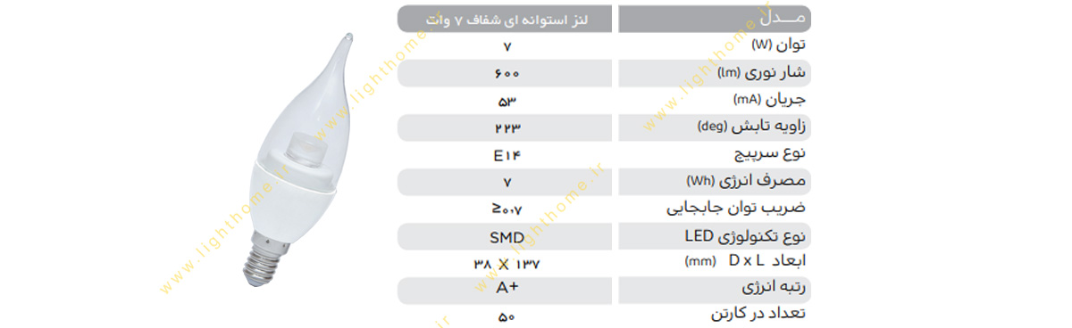 لامپ ال ای دی شمعی اشکی لنز استوانه ای شفاف 7 وات پارس شهاب