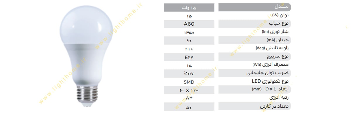 لامپ ال ای دی 15 وات پارس شهاب مدل a60