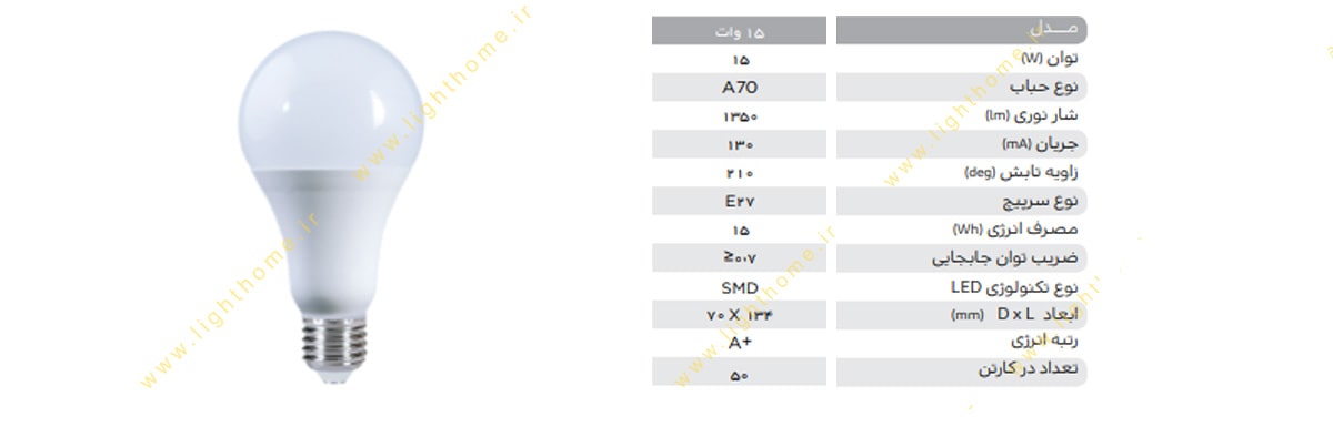 لامپ ال ای دی 15 وات پارس شهاب مدل a70