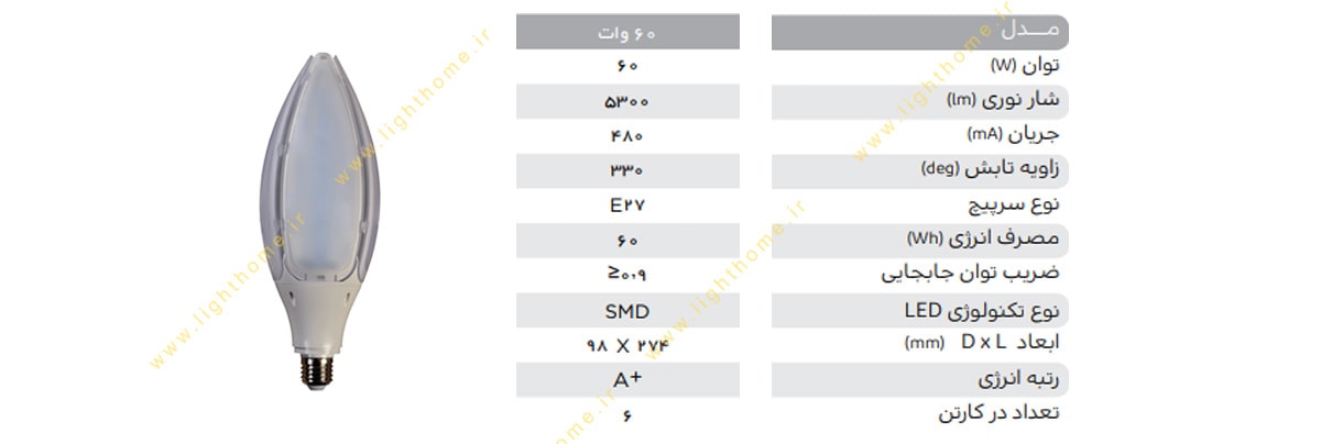 لامپ ال ای دی اولیور 60 وات پارس شهاب
