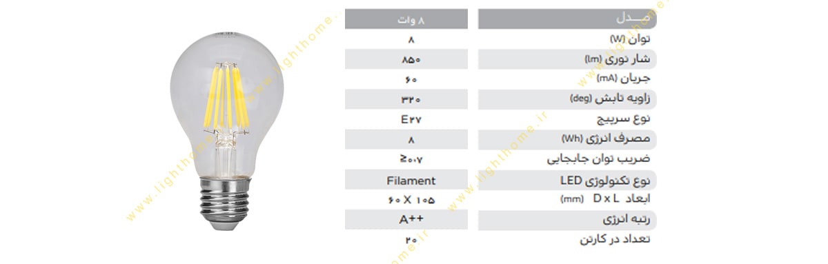 لامپ ال ای دی فیلامنتی 8 وات پارس شهاب