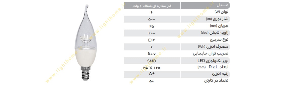 لامپ ال ای دی شمعی اشکی لنز ستاره ای شفاف 6 وات پارس شهاب