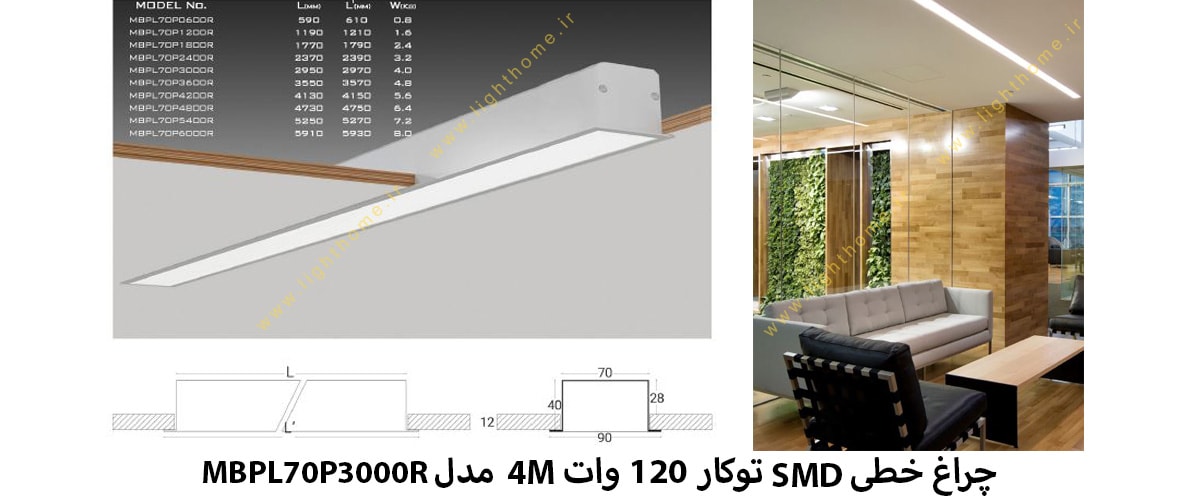 چراغ خطی SMD توکار 120 وات 4M مدل MBPL70P3000R