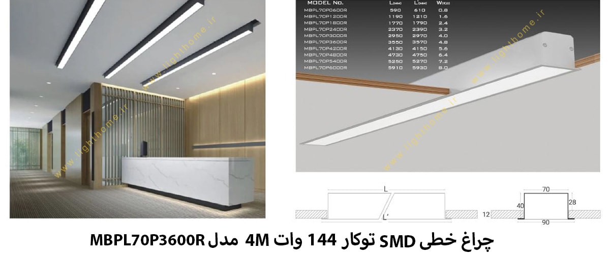 چراغ خطی SMD توکار 144 وات 4M مدل MBPL70P3600R