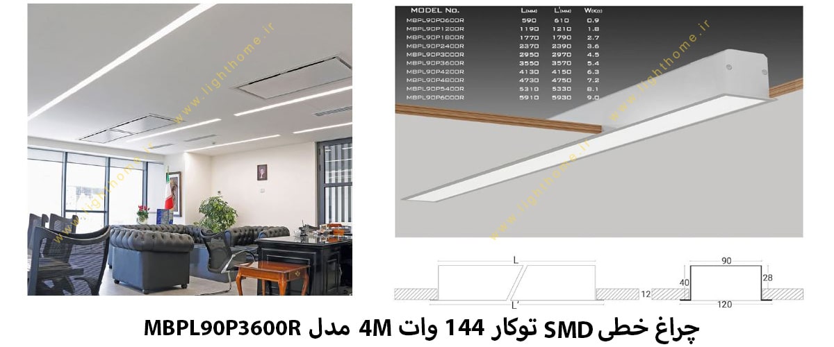 چراغ خطی SMD توکار 144 وات 4M مدل MBPL90P3600R