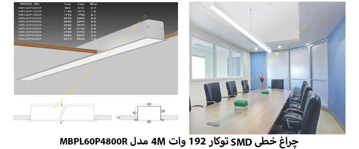 چراغ خطی SMD توکار 192 وات 4M مدل MBPL60P4800R