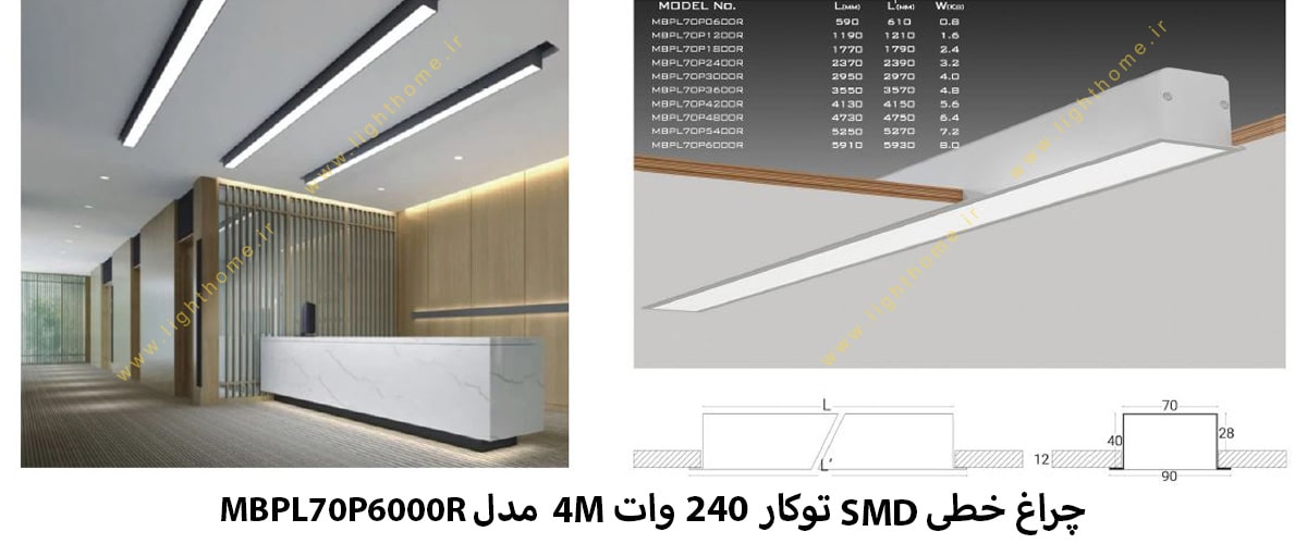 چراغ خطی SMD توکار 240 وات 4M مدل MBPL70P6000R