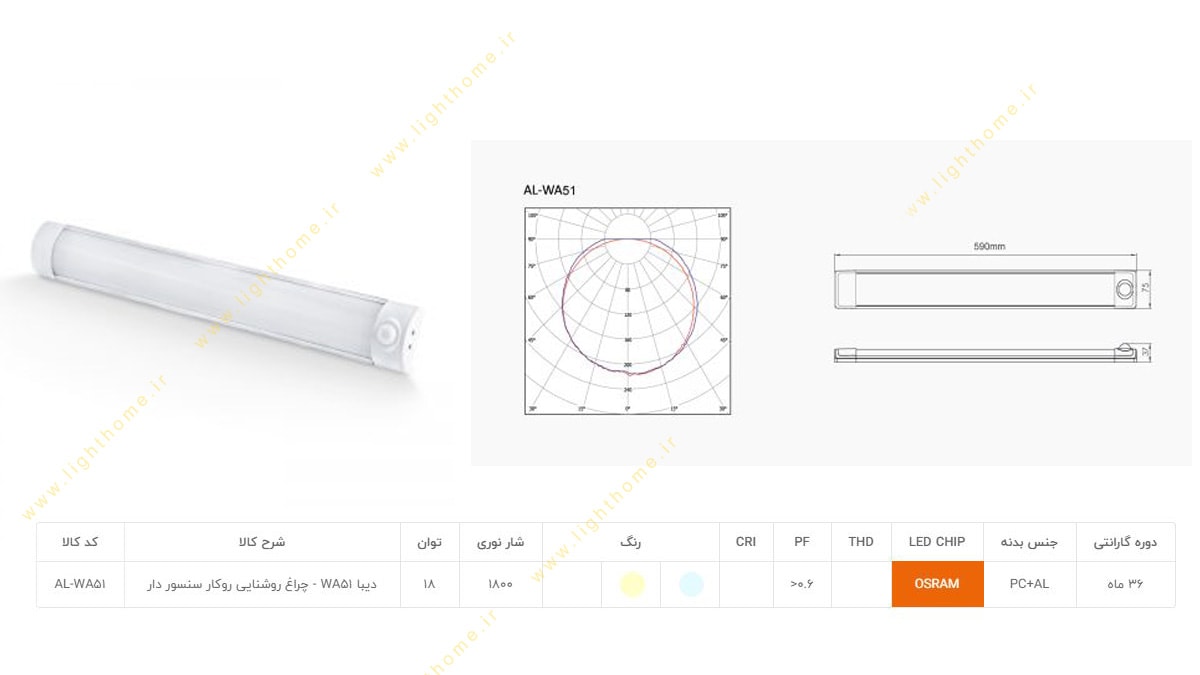 چراغ خطی سنسوردار 18 وات SMD روکار آلتون مدل دیبا AL-WA51