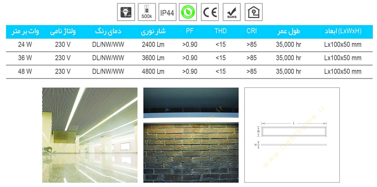 چراغ خطی آلومینیوم عرض 100 میلیمتر بروکس