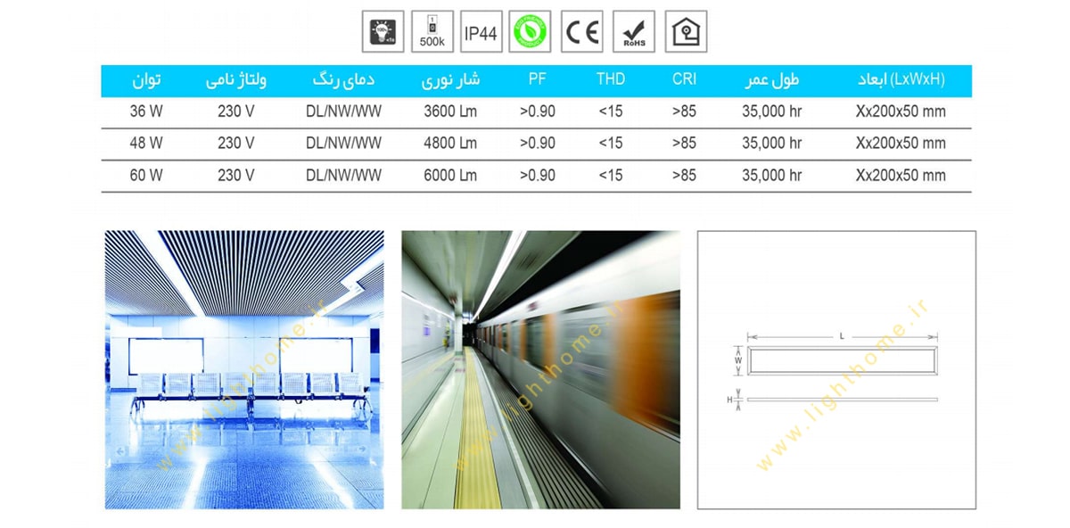 چراغ خطی بروکس عرض 20 و طول 200 سانتیمتر در توان های مختلف