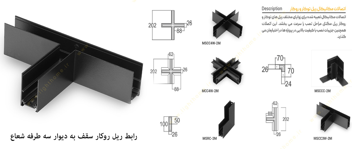 رابط ریل روکار سقف به دیوار سه طرفه مدل SH-MSCC3W-2M شعاع