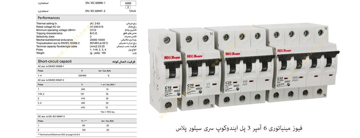 فیوز مینیاتوری 6 آمپر 3 پل ایندوکوپ سری سیلور پلاس