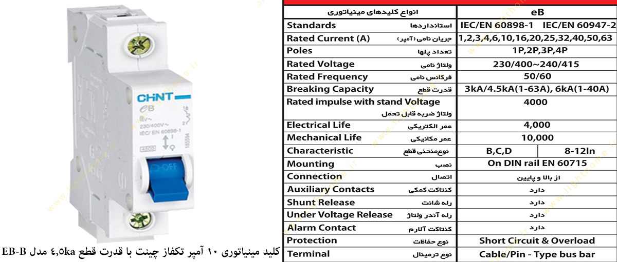 کلید مینیاتوری 10 آمپر تکفاز چینت با قدرت قطع 4.5 کیلو آمپر مدل EB-B