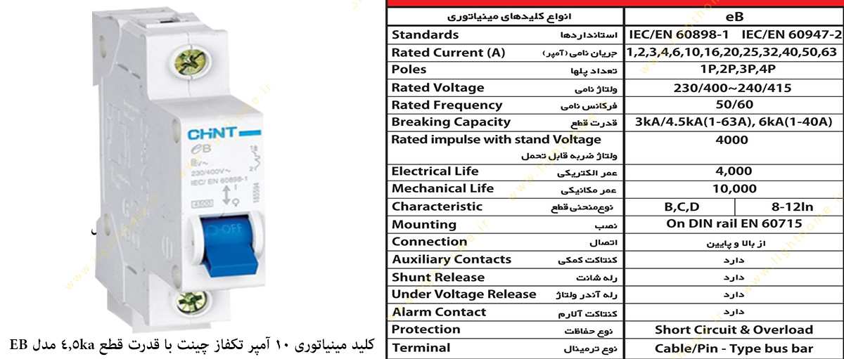 کلید مینیاتوری 10 آمپر تکفاز چینت با قدرت قطع 4.5 کیلو آمپر مدل EB