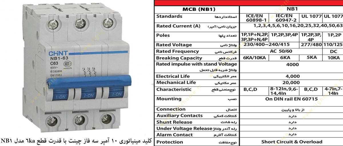 کلید مینیاتوری 10 آمپر سه فاز چینت با قدرت قطع 6 کیلو آمپر مدل NB1-63