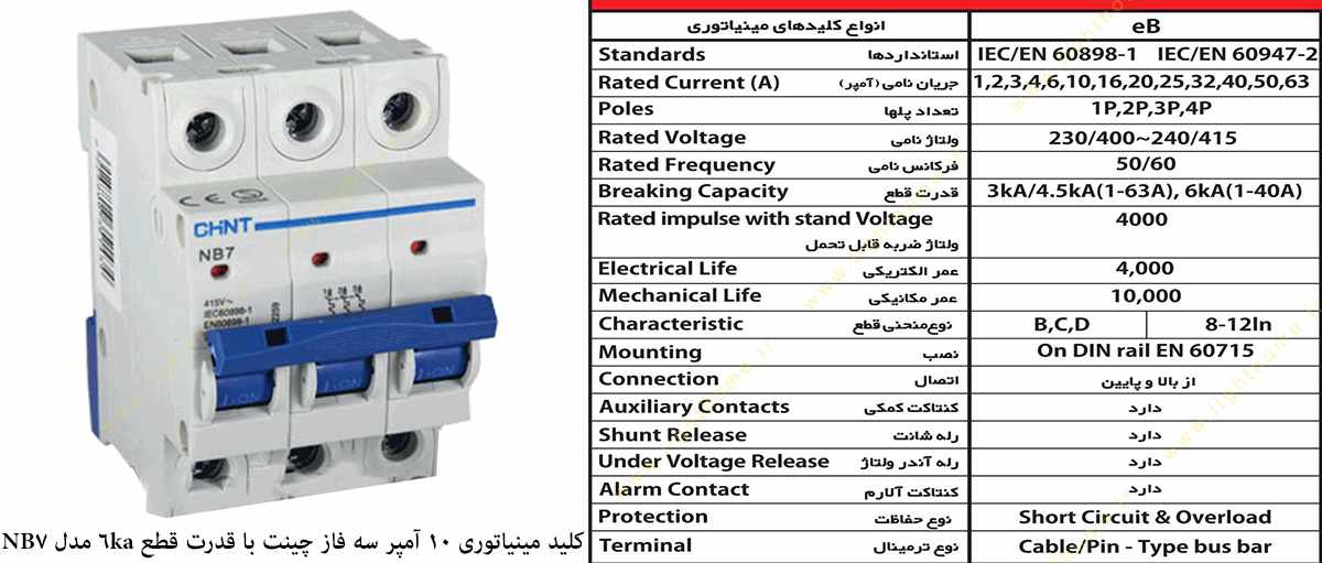 کلید مینیاتوری 10 آمپر سه فاز چینت با قدرت قطع 6 کیلو آمپر مدل NB7