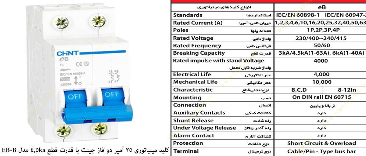 کلید مینیاتوری 25 آمپر دو فاز چینت با قدرت قطع 4.5 کیلو آمپر مدل EB-B