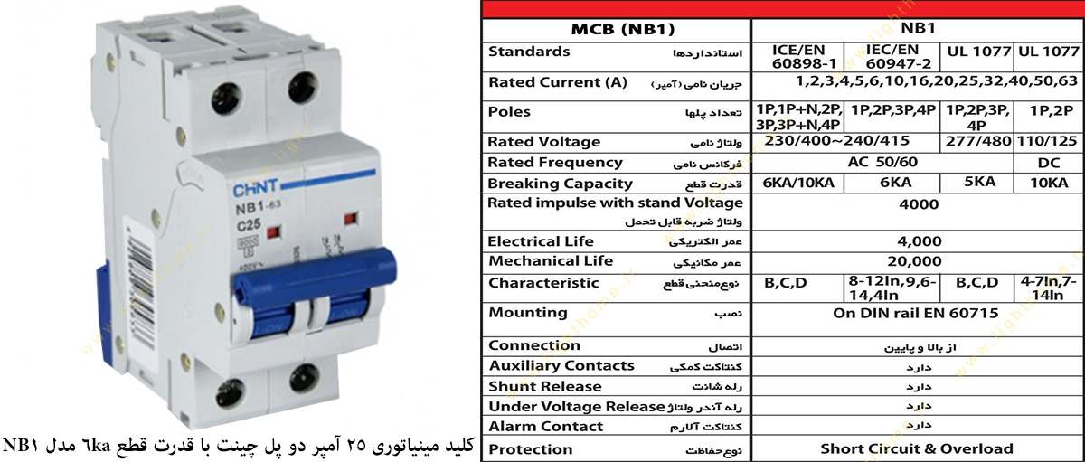 کلید مینیاتوری 25 آمپر دو پل چینت با قدرت قطع 6 کیلو آمپر مدل NB1-63