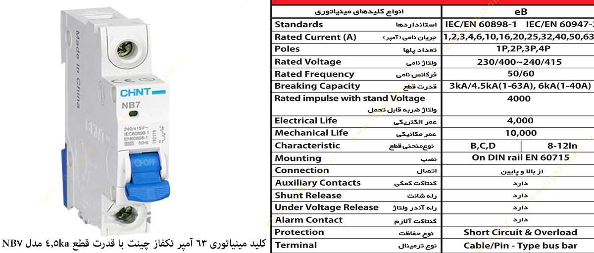 کلید مینیاتوری 63 آمپر تکفاز چینت با قدرت قطع 4.5 کیلو آمپر مدل NB7