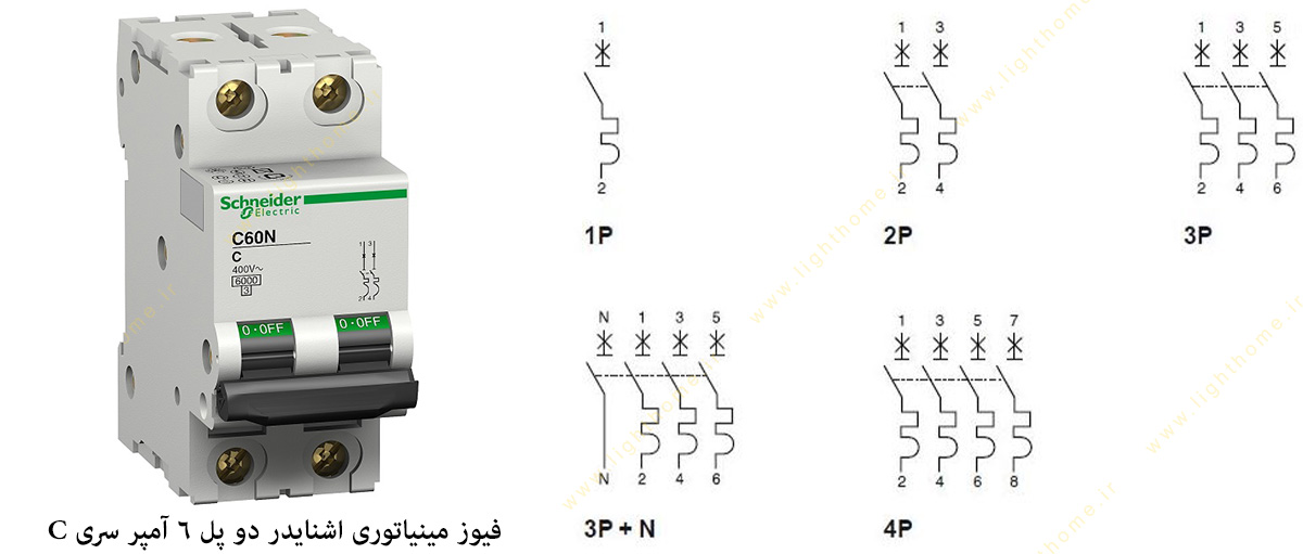 فیوز مینیاتوری دو پل 6 آمپر سری C اشنایدر