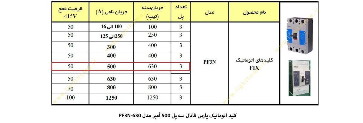 کلید اتوماتیک پارس فانال FIX سه پل 500 آمپر مدل PF3N-630